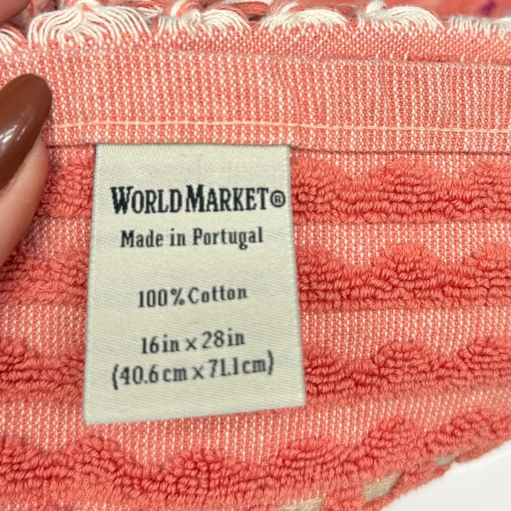 World Market Coral Cotton Towel + Boho Woven Basket Set Bath Decor Boho